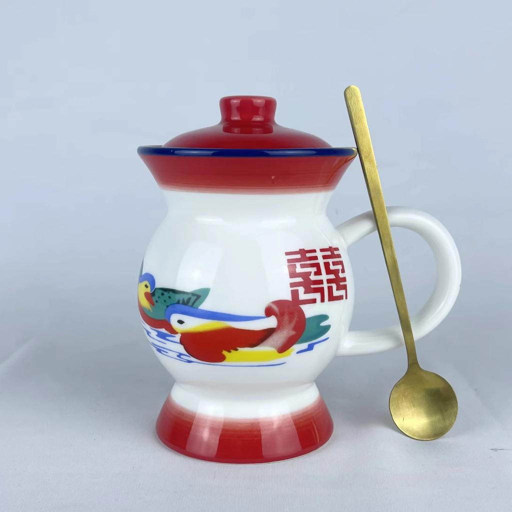 Mug Ceramic Spittoon Shape Water Cup Animal Printing in-Glaze Decoration Retro Funny Personalized Custom Red Blue Chinese Style