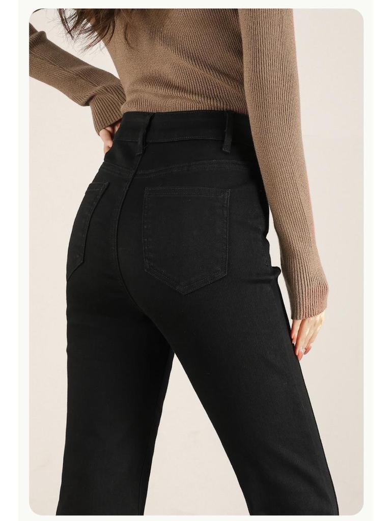 Women's High Waist Patchwork Micro Flare Jeans - 2026 Spring/Summer, Black, Elastic, Slimming Style