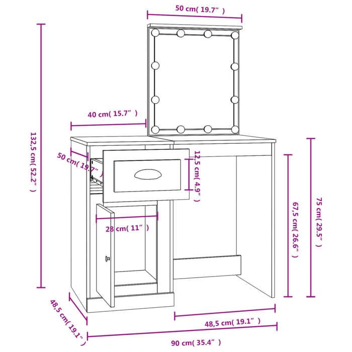VidaXL Coiffeuse avec LED, Table de Maquillage avec Rangement, Table Cosmétique, Meuble de Chambre à Coucher, Moderne, Chêne 816771
