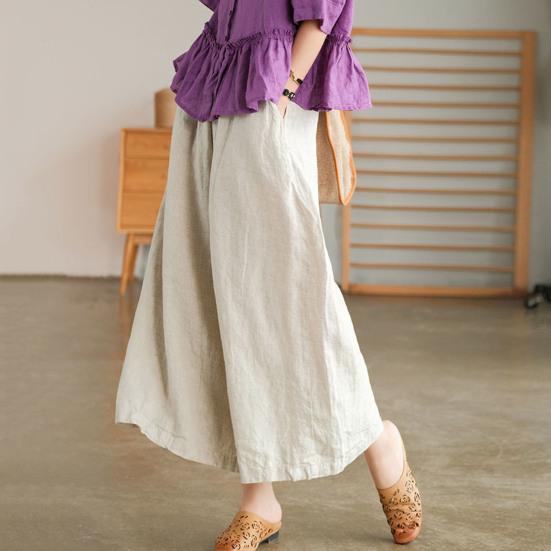 Women Summer Spring Pants Wide Leg Oversized Straight Solid Color Elastic Waist Match Top Pockets Deep Crotch Lady Ninth Pants Lady Garment