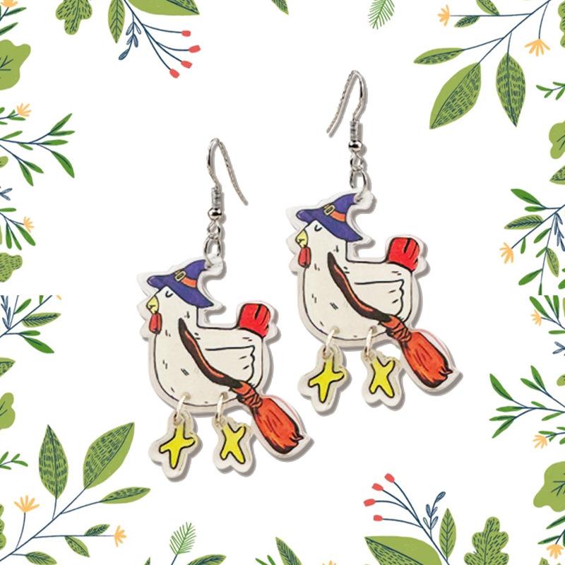 New Funny Chicken Ghost Face Pumpkin Witch Hat Pendant Acrylic Women's Earrings
