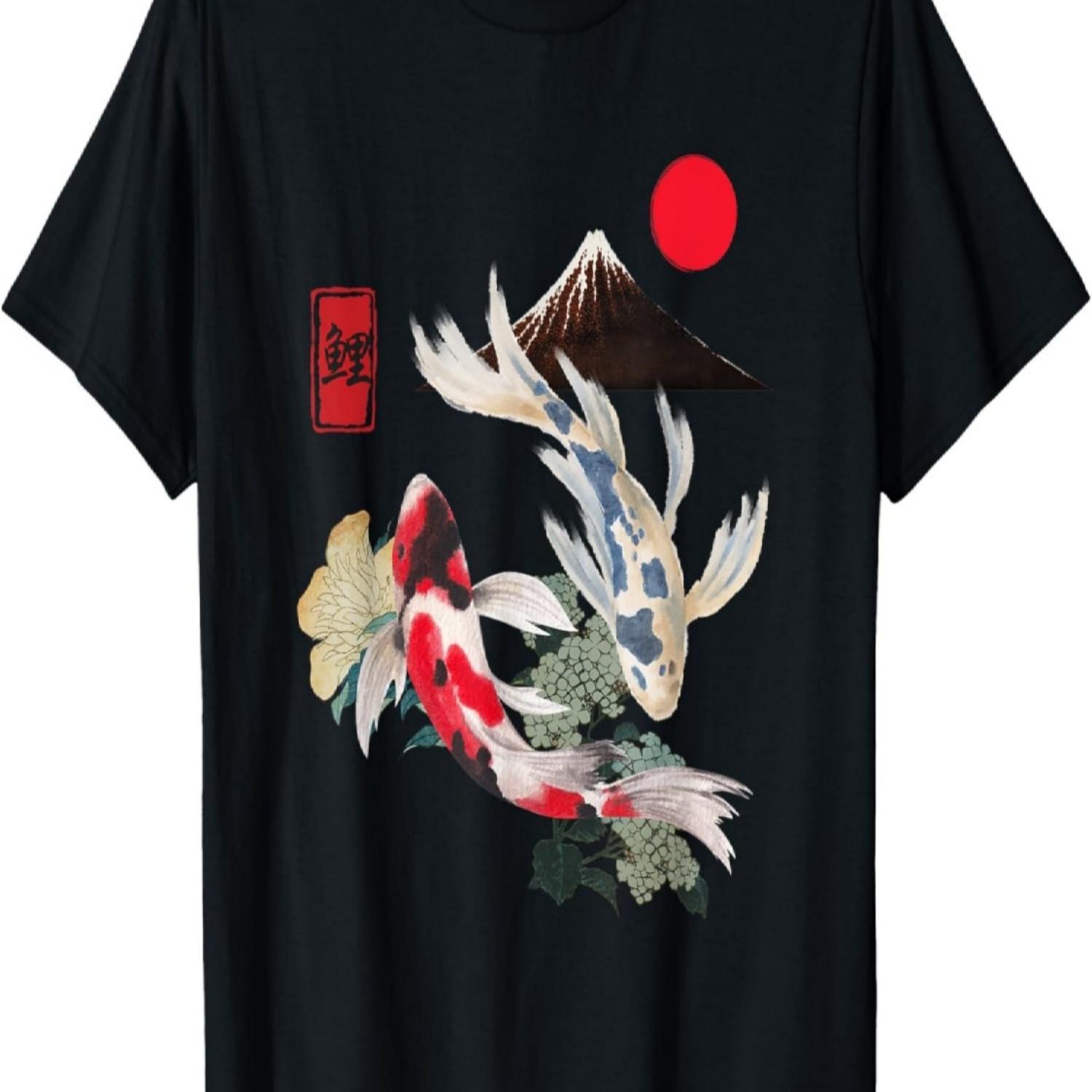Koi Fish and Cherry Blossom  Art Aesthetic Design T-Shirt S чёрный