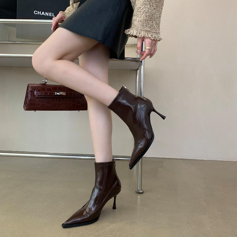 Fashion Women's  Soft Leather Pointed Toe Thin High Heel Shoes Sexy Autumn Winter Shoes Women Dress Warm Wedding Ankle Boots