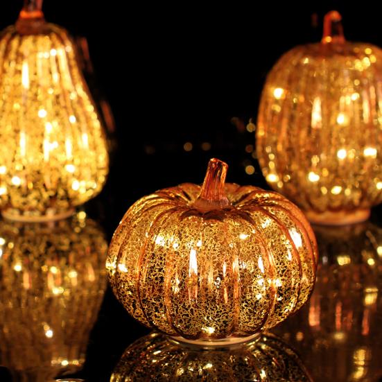 LED Pumpkin Lantern with Built-in Smart Timer Soft Warm Glow Battery-Powered Glass Pumpkin Shape Lantern Home Halloween Decor