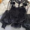 Niche 3D Flower Patchwork Mesh Lantern Sleeve Slim Fit Lace Top for Women
