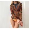 Damen Stammesgeometrischer Print Langarm Einteiler Badeanzug Rundhalsausschnitt UPF Sonnenschutz Schlanke Passform Surfen Tauchen Bodysuit