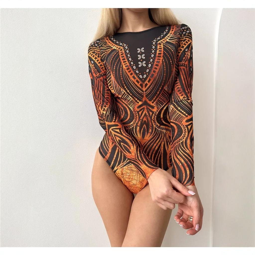 Damen Stammesgeometrischer Print Langarm Einteiler Badeanzug Rundhalsausschnitt UPF Sonnenschutz Schlanke Passform Surfen Tauchen Bodysuit