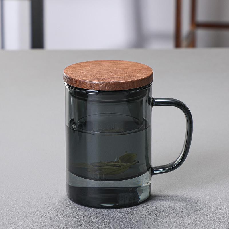 Office Glass Tea Cup with Walnut Handle and Lid, Three-Piece Set with Tea Separator