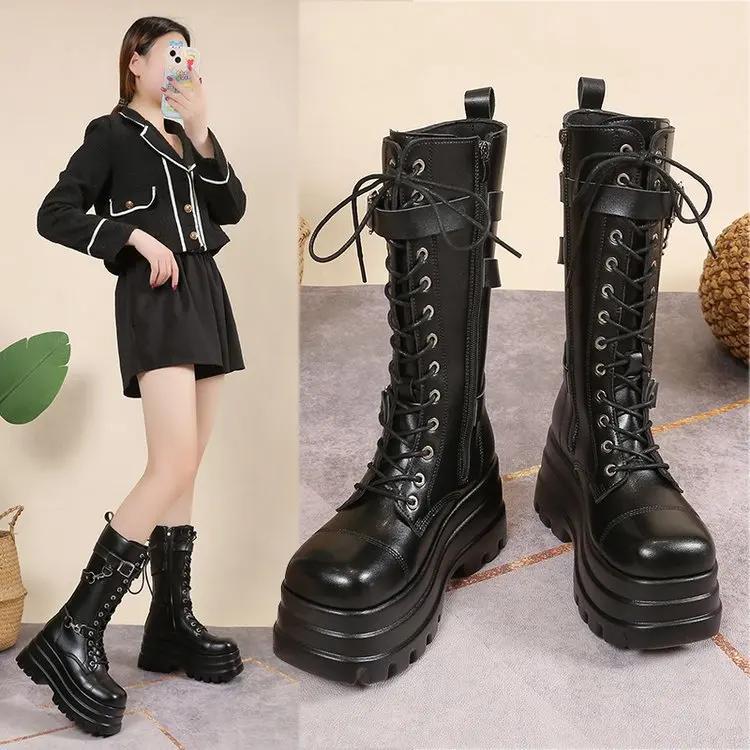 Plus Size 43 Autumn Women Boots Buckle Round Toe Wedges Platform Boots Punk Goth INS Women Street Shoes Combat Boots for Women
