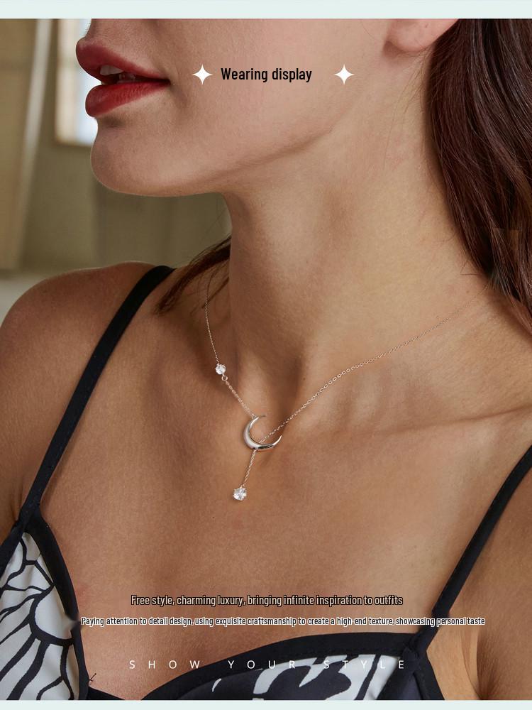 Everle Minimalist Moon Y Necklace: S925 Sterling Silver, Rhodium-Plated, Zircon Adorned Versatile Jewelry for Women.