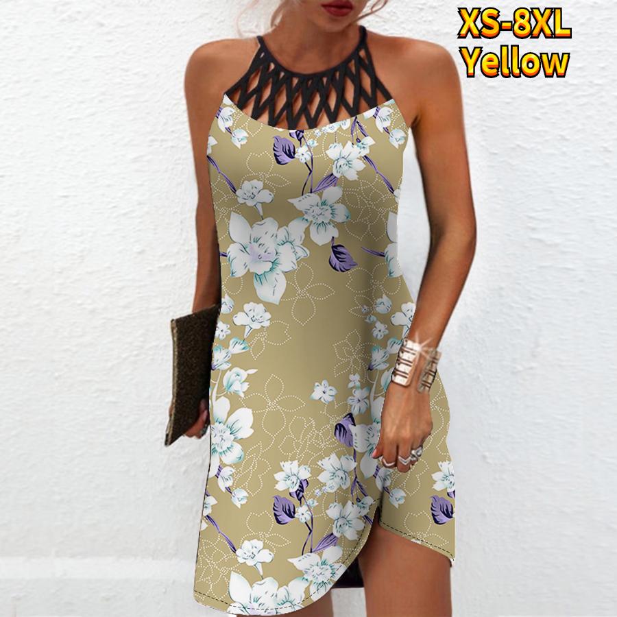 

Летнее модное сексуальное платье без рукавов, мягкое повседневное платье с 3D белыми цветами и принтом, платье на бретельках без рукавов, летнее платье на подтяжках 6XL жёлтый