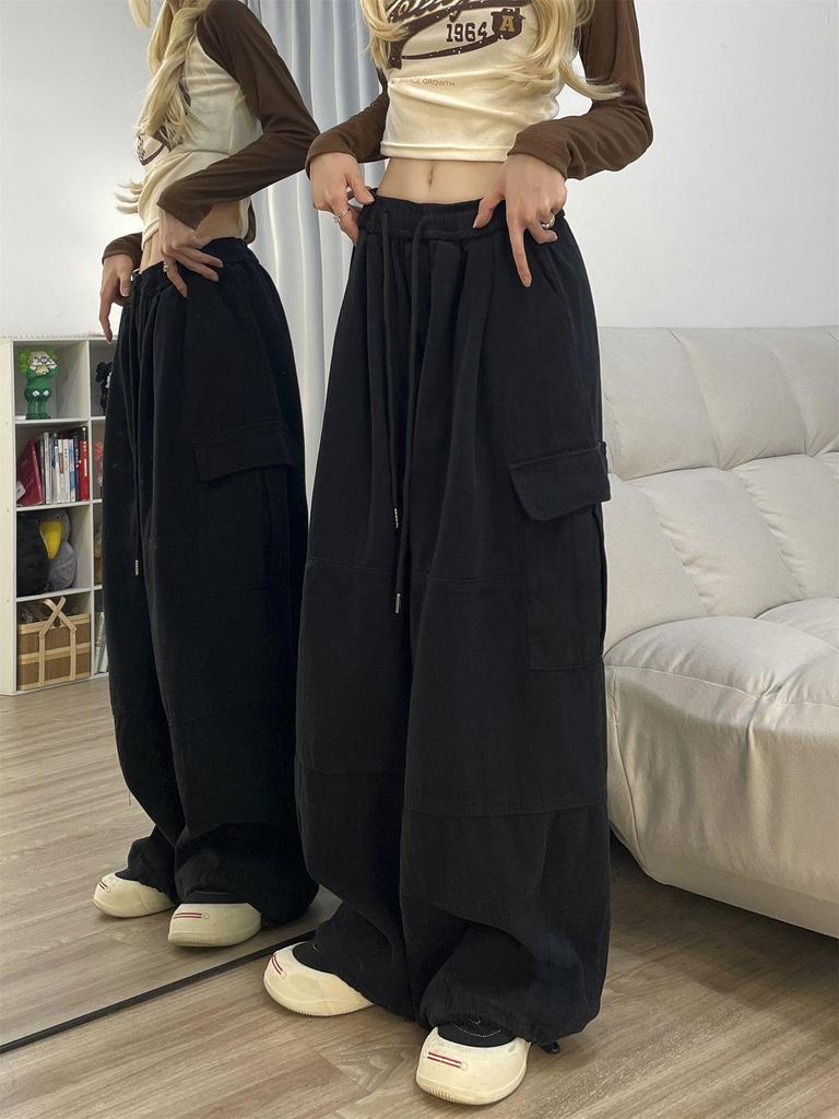 Women's Retro Slimming Wide Leg Joggers with Multi-Pockets - Casual Spring/Autumn Pants
