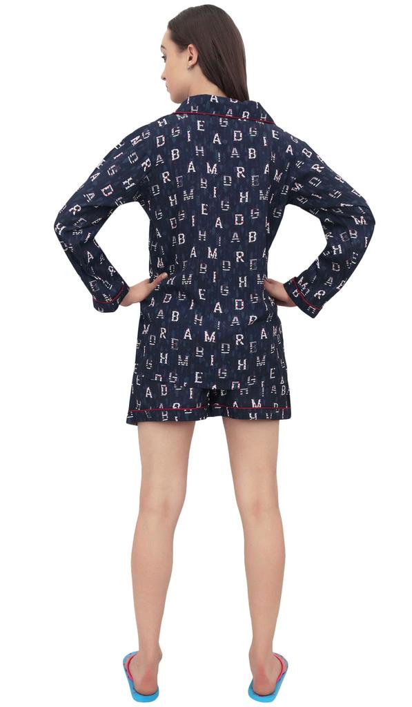 Bimba Women Button-Down Shirt With Elastic Waist Shorts 2 Pcs Night Wear Set -
