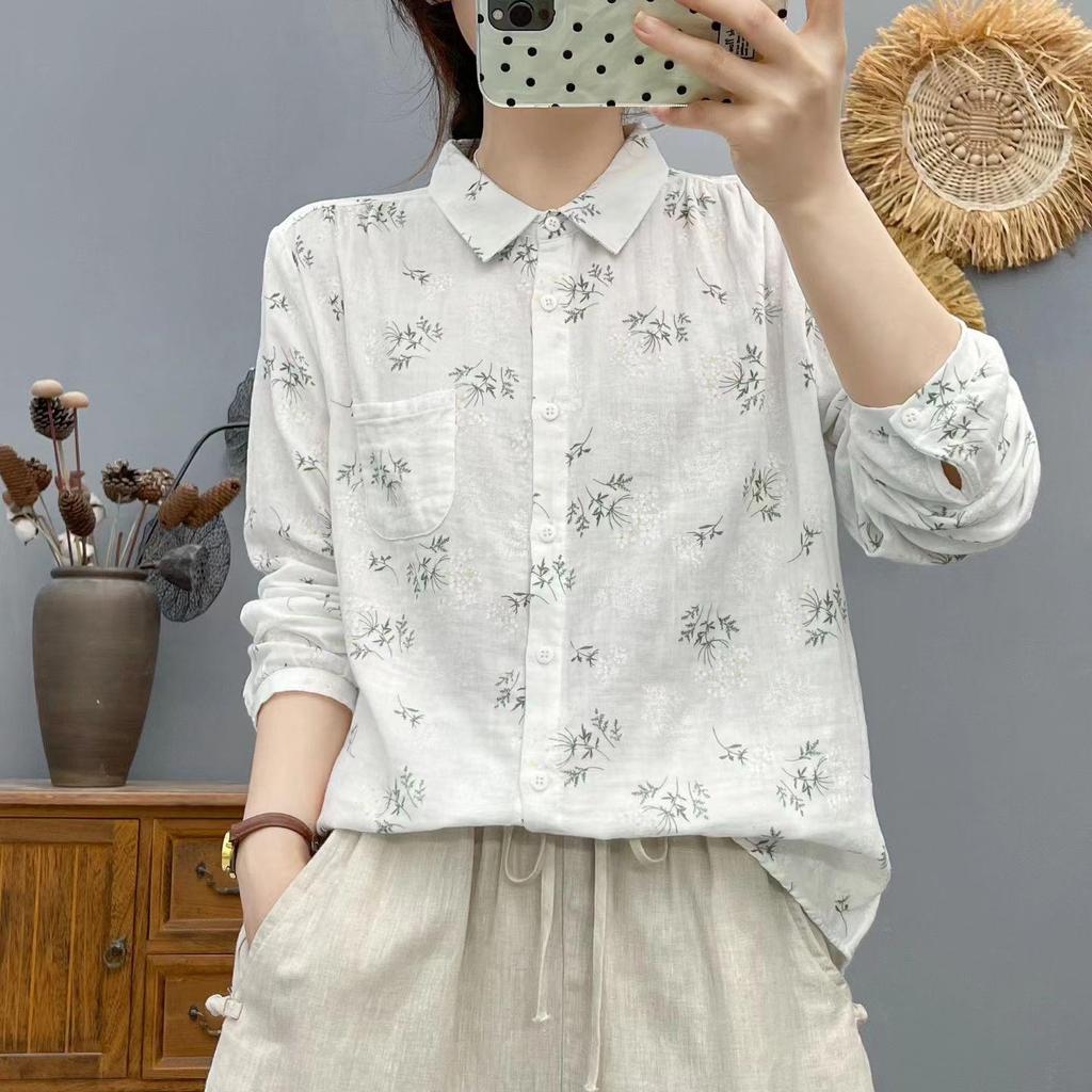 Women's Floral Print Double-Layer Cotton Gauze Long Sleeve Plus Size Shirt: Stylish, Age-Reducing, Loose Fit for Spring and Autumn