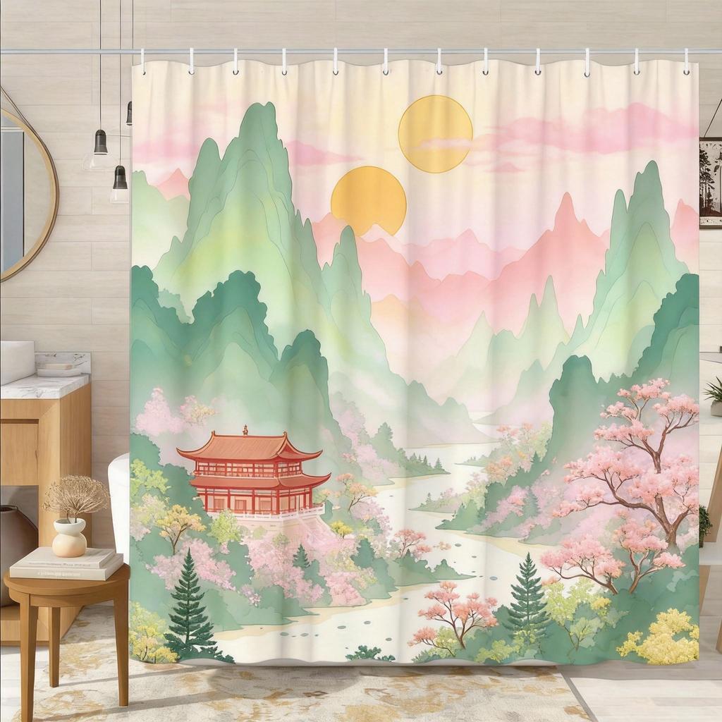 Chinese Landscape Shower Curtain Traditional Pavilion Mountain River Print Polyester Bath Curtain with Hooks for Zen Decor