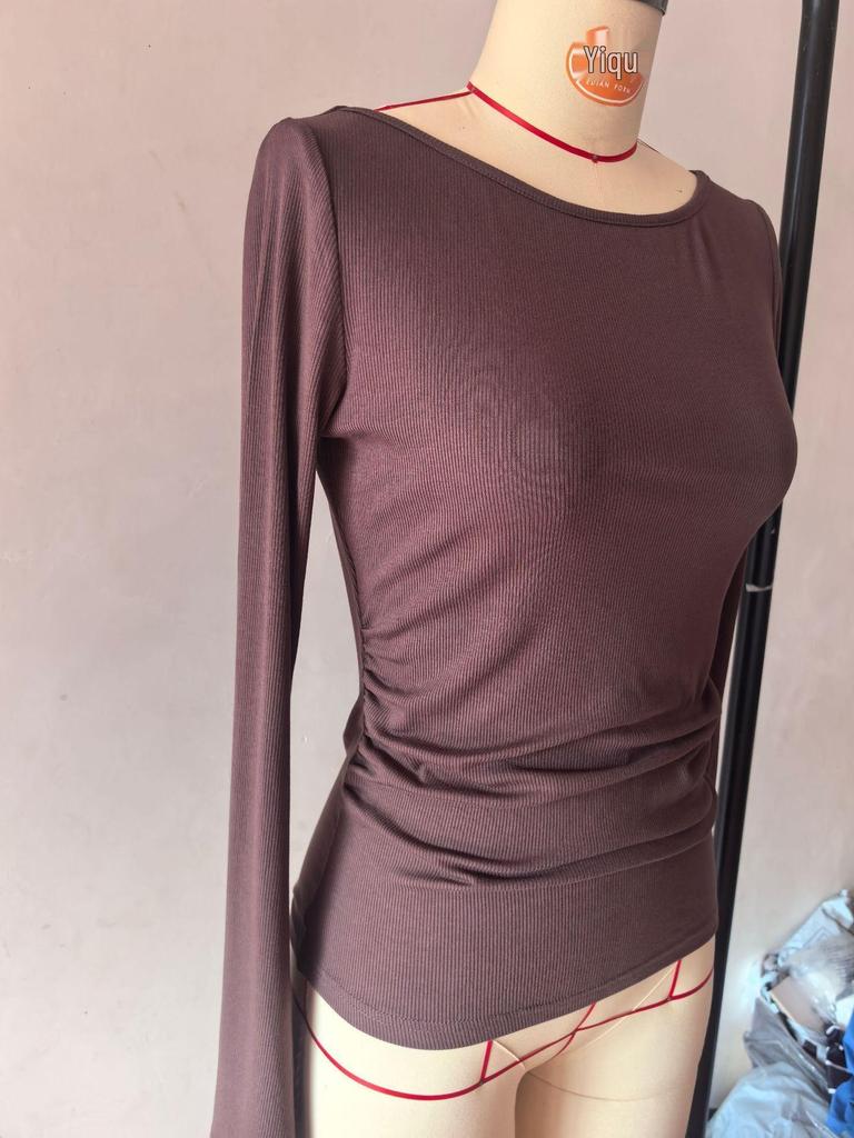 2025 Autumn Slim Fit Women's Boat Neck Bell Sleeve Ruched Top - Solid Color, Long Sleeve