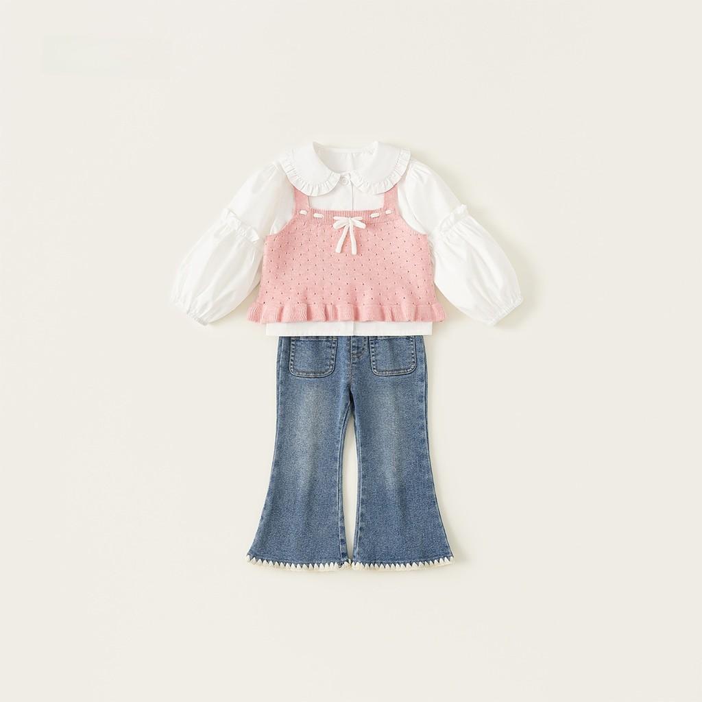 

Girl Spring Casual Cotton Knit Sweater Vest Shirt Pants Threepiece Set For Ages 8 Kids 100