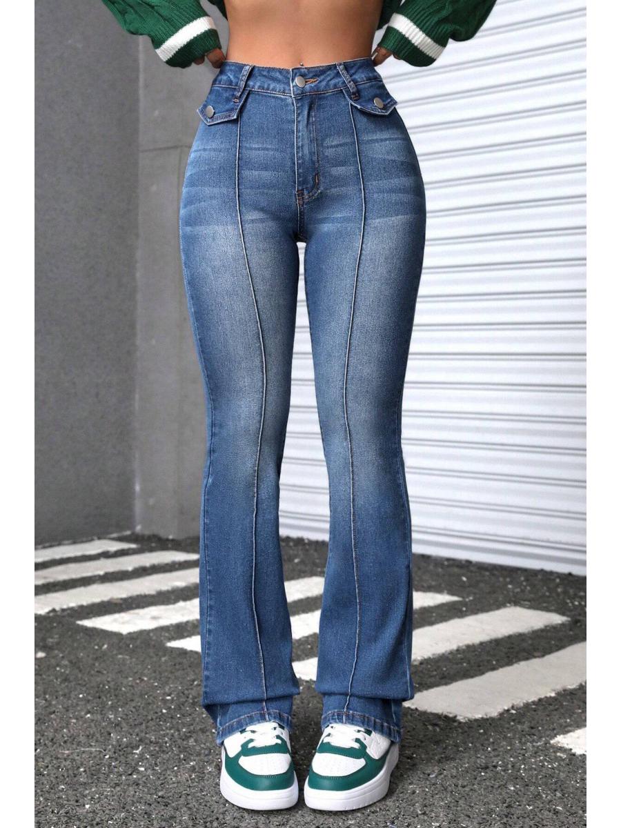 Women s 2025 Casual Fashion Washed Elastic Bell Bottom Jeans L