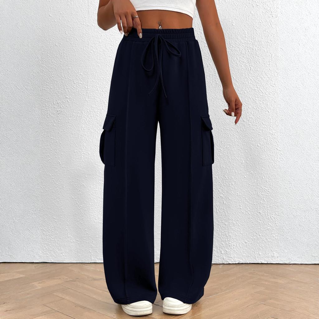 Women's Overalls Casual Lightweight Solid Color Trousers Drawstring Multi-Pockets Straight Leg Pants