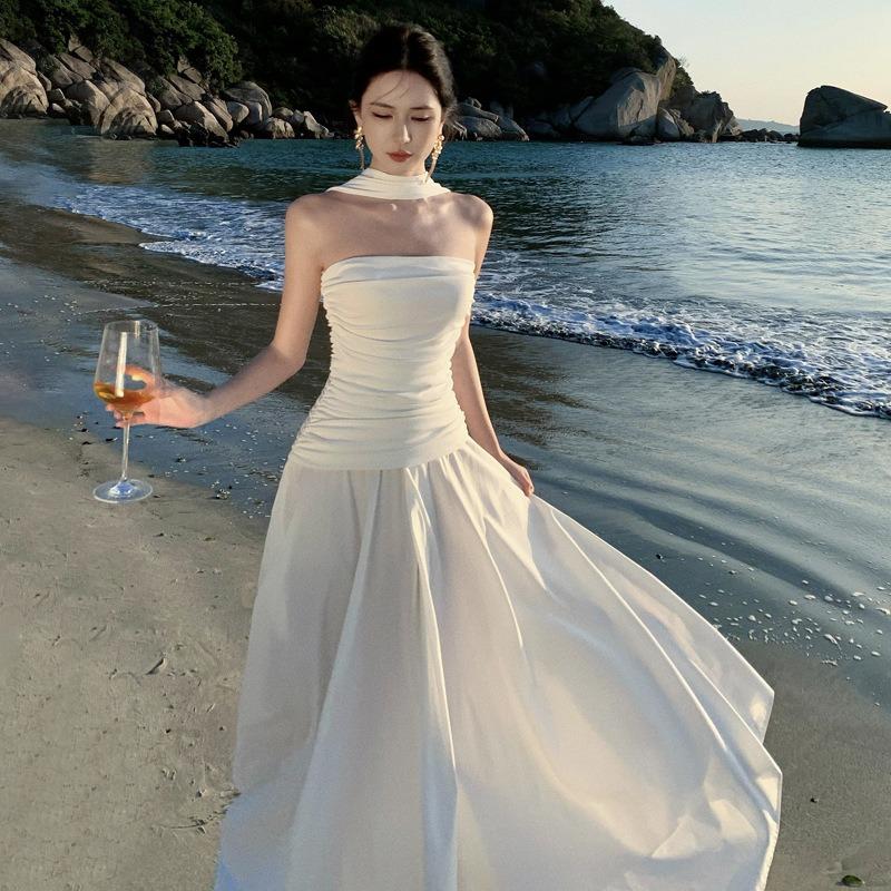 High-end Off-the-shoulder Neck Tube Top Pleated Irregular Dress Temperament Socialite Birthday Dinner White Dress Dress