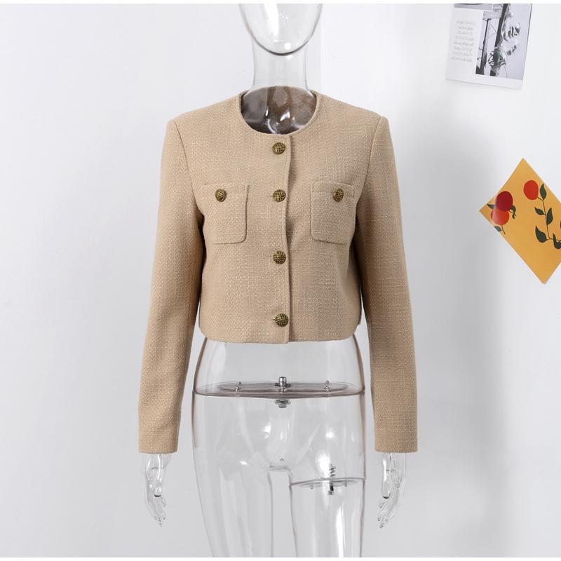 

Короткое пальто с круглым вырезом для женщин, осенняя однотонная женская куртка с пуговицами и карманами, длинный рукав, овсяная, элегантная женская универсальная повседневная верхняя одежда L