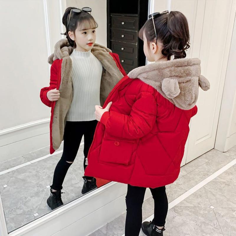 Girls Cotton Coat Plus Velvet Korean Style Stylish Cotton Jacket Little Girl Fashionable Coat Cotton Coat