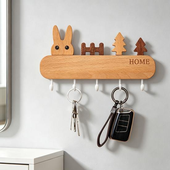 Natural Wood Key Organizer Wooden Holder with 5 Hooks, Cartoon House Theme Organizer, Multi No Drill Hanger Purpose Hanging Rack for Keys Pet Leashes