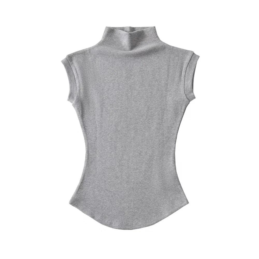 2025 Summer Women's Sleeveless Half-High Neck Fitted Vest with Curved Hem