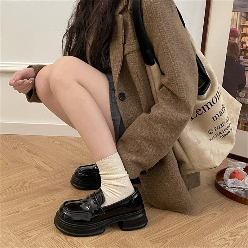 

Spring and Autumn Black JK Small Leather Shoes New Retro Platform British Style Single Shoes 35