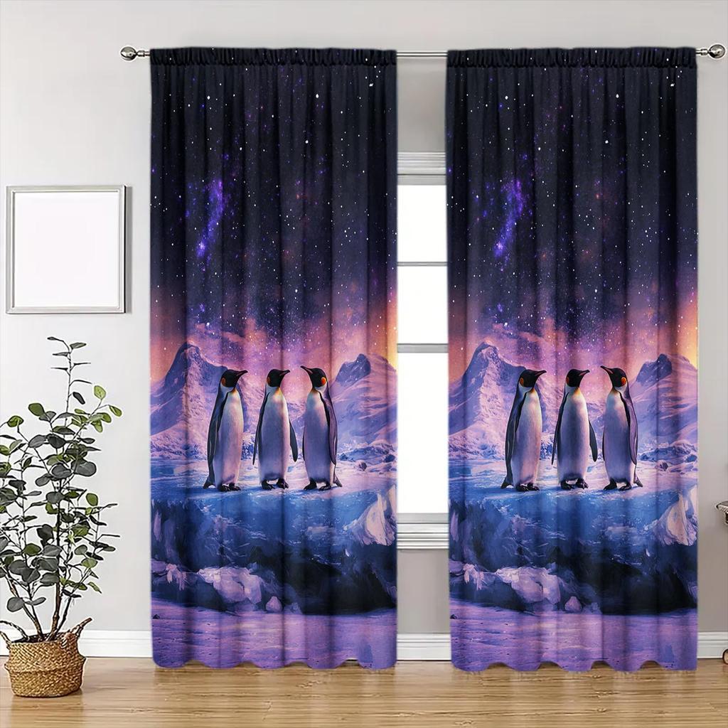 Modern Galaxy Starry Night Penguin Curtains Drapes Aesthetic Celestial Living Room Window Panel Polyester Fabric Decoration