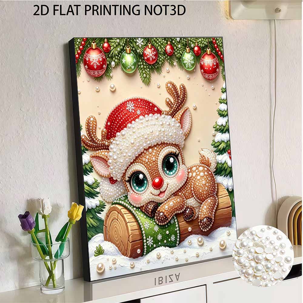 Frameless Pearl Bead Art Kit Adorable Reindeer DIY Shiny Canvas Painting Creative Gift for Craft Lovers Home Wall Decor