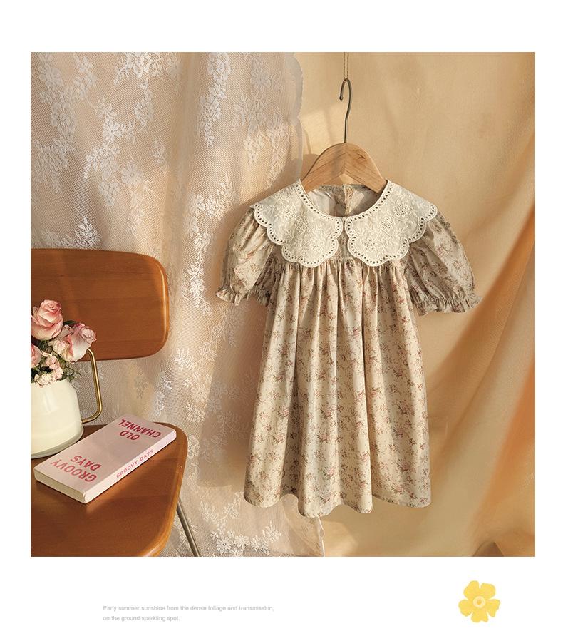 2026 Summer French Cartoon Print Lace Collar Girls' Princess Dress - Short Sleeve