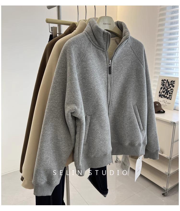 Women's Lambswool Fleece-Lined Stand Collar Zip-Up Cardigan – Thick, Versatile, Loose-Fit Winter Outerwear