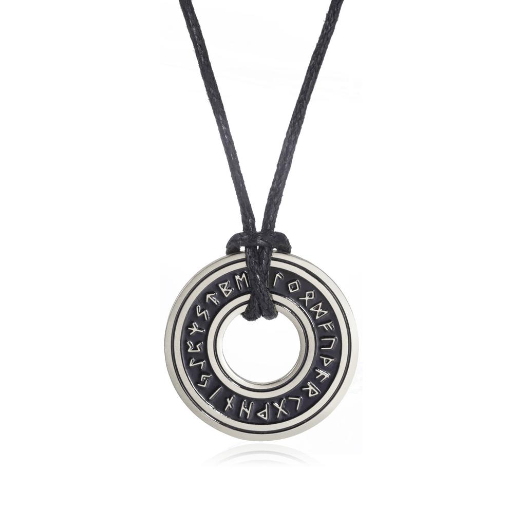 Collier Pendentif Rune Cercle Creux Découpé en Acier Titane Vintage avec Cordon en Cuir