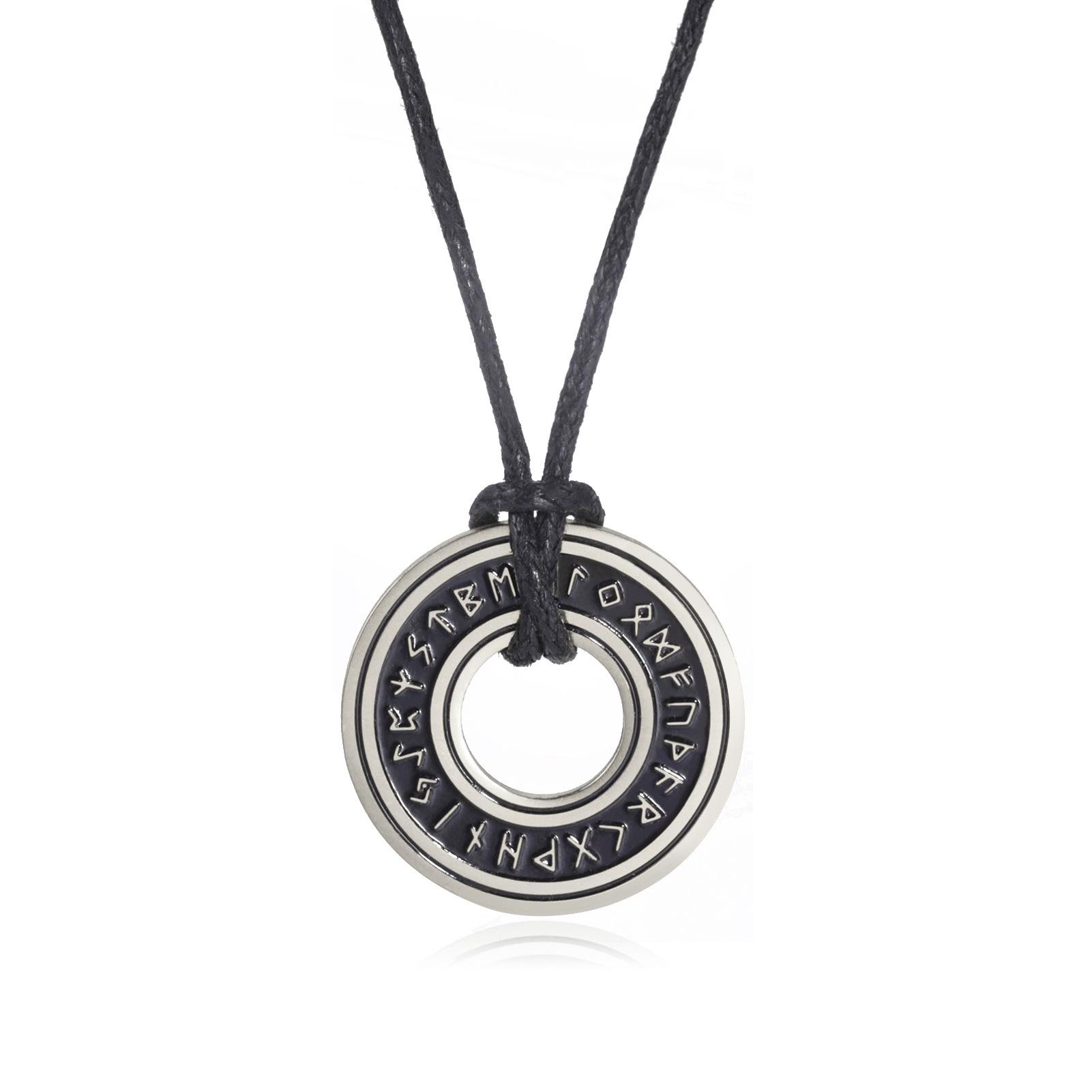 Vintage Titanium Steel Cut Hollow Circle Rune Pendant Necklace With Leather Cord