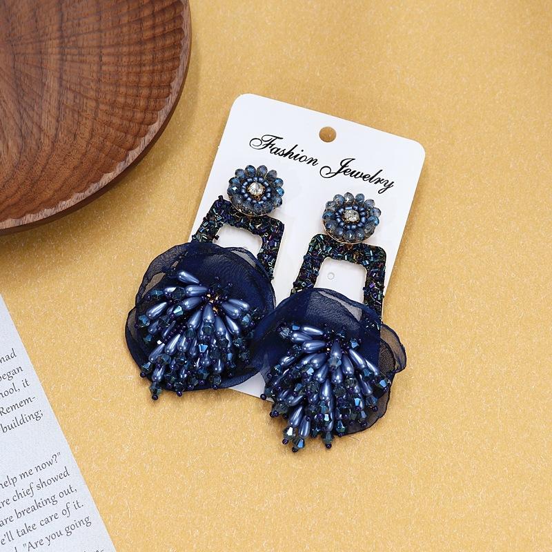 Bohemian Crystal Fringed Flower Large Circle Stud Earrings Women's Long Temperament Vacation Earrings Retro Earrings