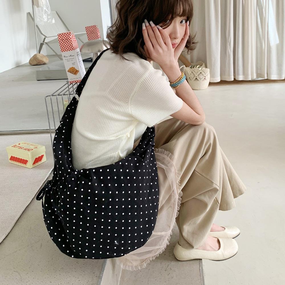 Korean Style Polka Dot Nylon Crossbody Bag Lightweight Ballet Style Pleated Shoulder Bag Prined Large Capacity
