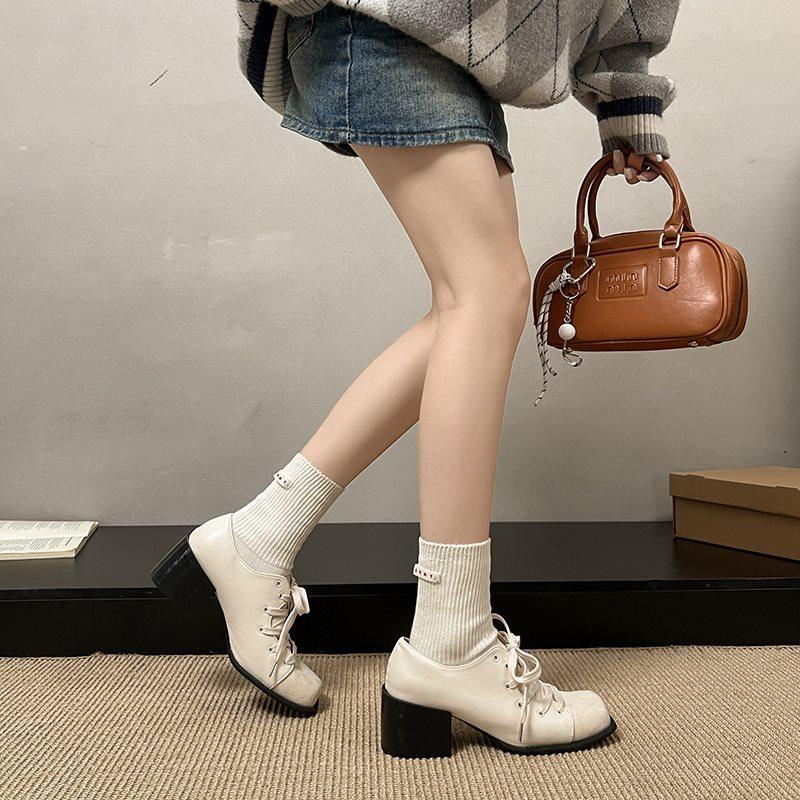 Shoes outer wear lace-up French retro Mary Jane temperament 2025 Mori casual autumn and winter thick heel single shoes new
