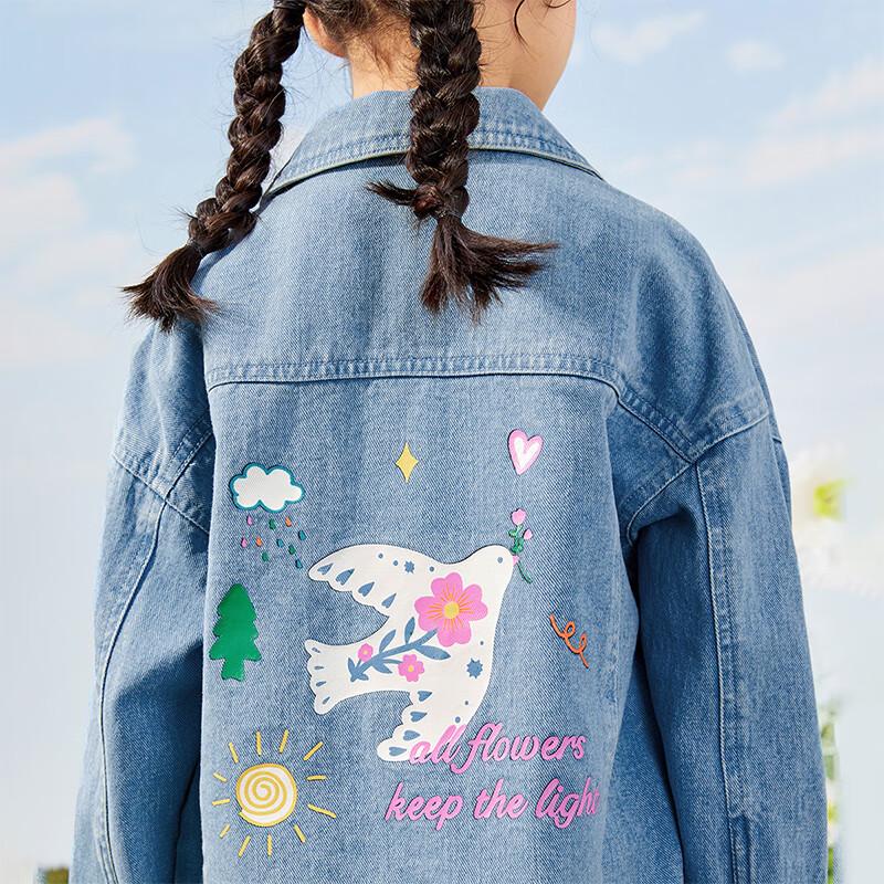 Xiao Yin Man Girls' Denim Jacket with Bird Print