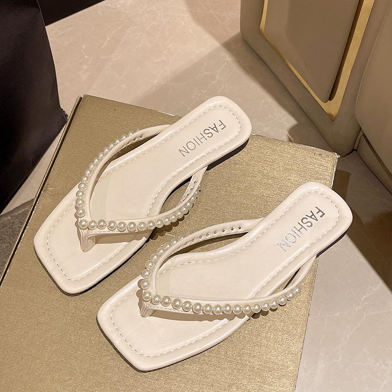 Cool Slippers Women's Summer Outer Wear Fashion Year New Pearl Rhinestone Square Head Foot Clip Flat Bottom Non-slip Flip-flops