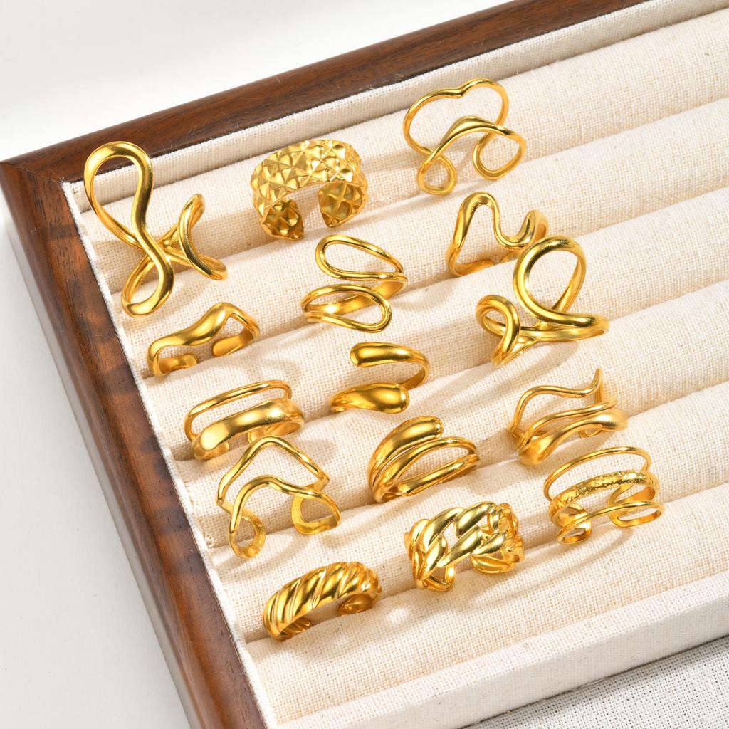 Unique Statement Geometric Ring for Women Stainless Steel Simple Finger Rings Wedding Party Jewelry 18K Gold Plated 3pic Set