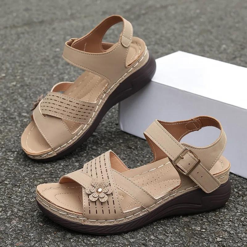 fashion 2024 Hot Selling Fashion Women's Sandals Open Toe Wedge Heel One-line Buckle Solid Color Comfortable Women's Sandals Zapatos