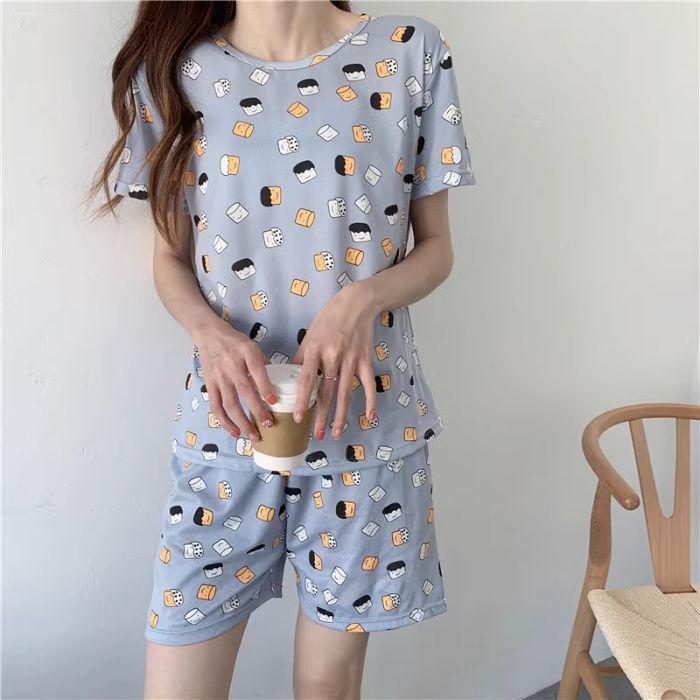 GMXIA Summer Pajama Women's Round-neck Thin Short-sleeved and Short Pants Cartoon Cute Girls' Youthful Home Wear Set