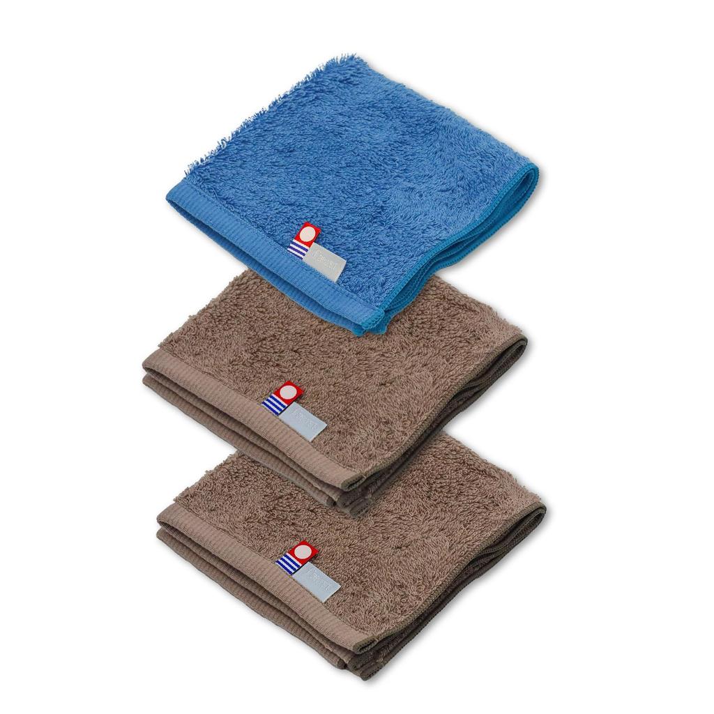 Made In Certified Imabari Towel First Set of 3 1 Soft and Fluffy Special Cotton Japan, Handkerchiefs, 25x25cm, (2 Brown, Blue), Yarn, 100%