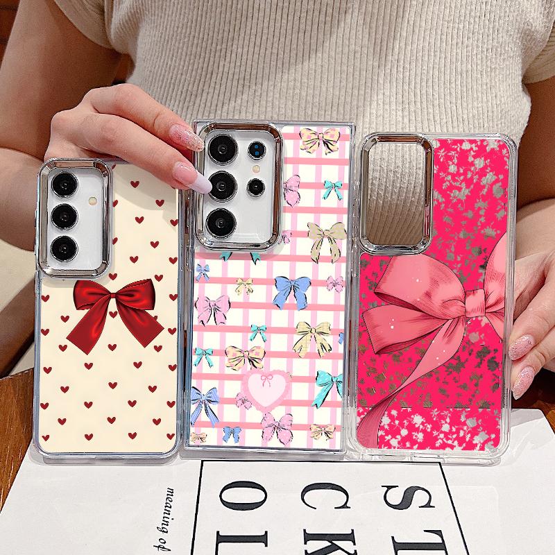 Cute Cartoon Bowknots Print Case For Samsung S26 S25 Ultra S24 FE S23 Plus S22 S21 A15 A16 A17 A35 A36 A37 A54 A55 A56 A57 5G Plating Lens Soft Cover