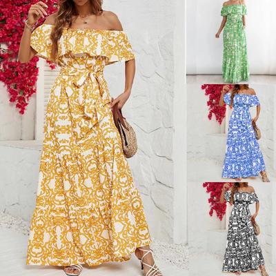 New Women's Sexy Fashion One-shoulder Printed Dress Lace Up Beach Dresses Streetwear Printed Short Sleeve High Waist Dress With Bowknot Elegant Robe