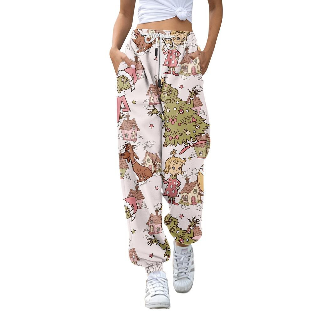 Women's Fashion Christmas Loose Drawstring Waist Solid Color Casual Sports Pants