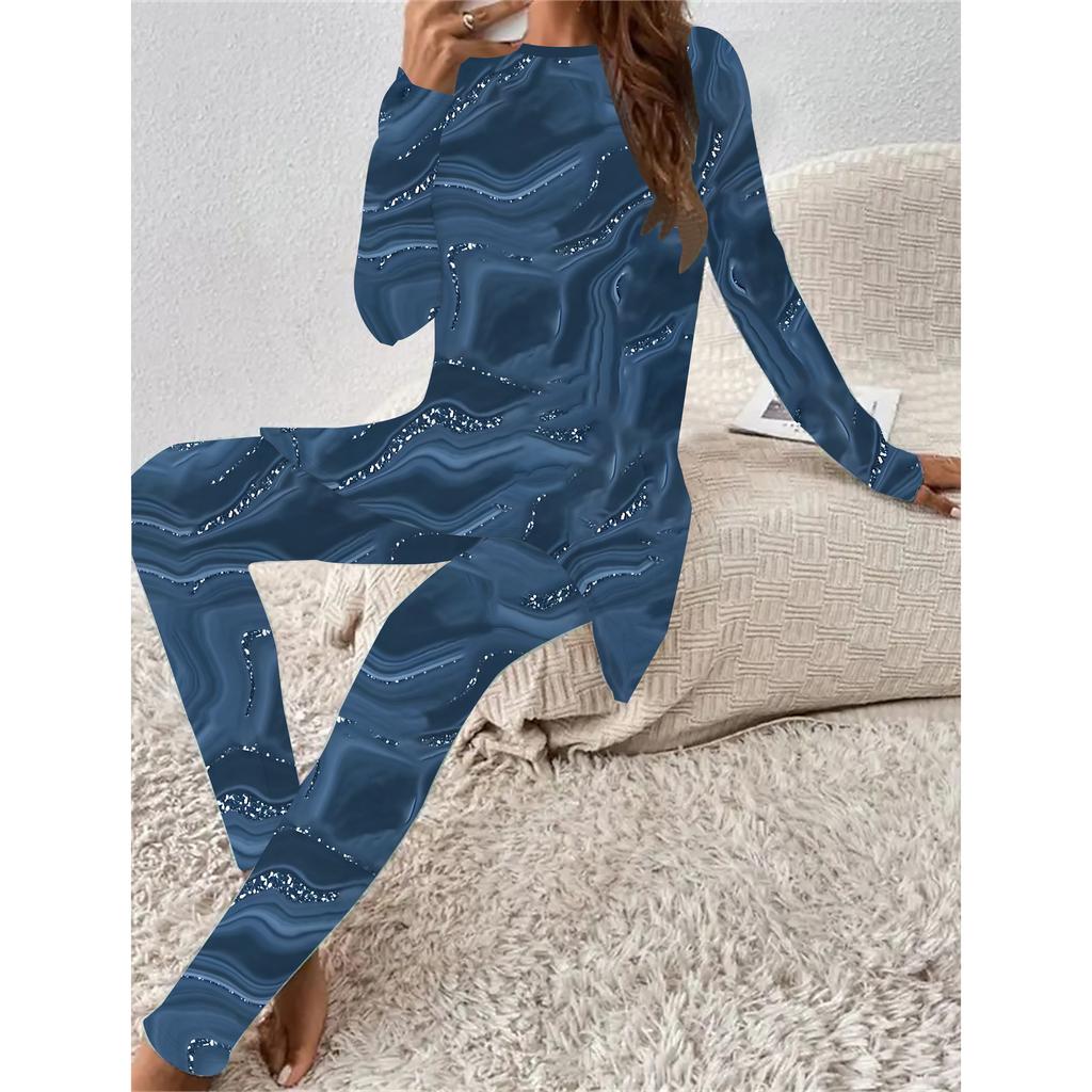 Euro-amerikanische Mode 3D Marmorierter Damen Vier-Jahreszeiten Langarm T-Shirt + Lange Hose Zweiteiler. Das perfekte Geschenk für Neujahr