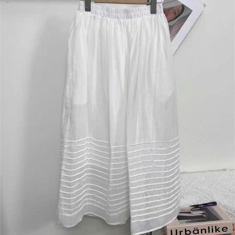 

Johnature Vintage Pressed Pleated Skirts Summer Casual Elastic Waist Loose Solid Color Women Skirts One Size белый