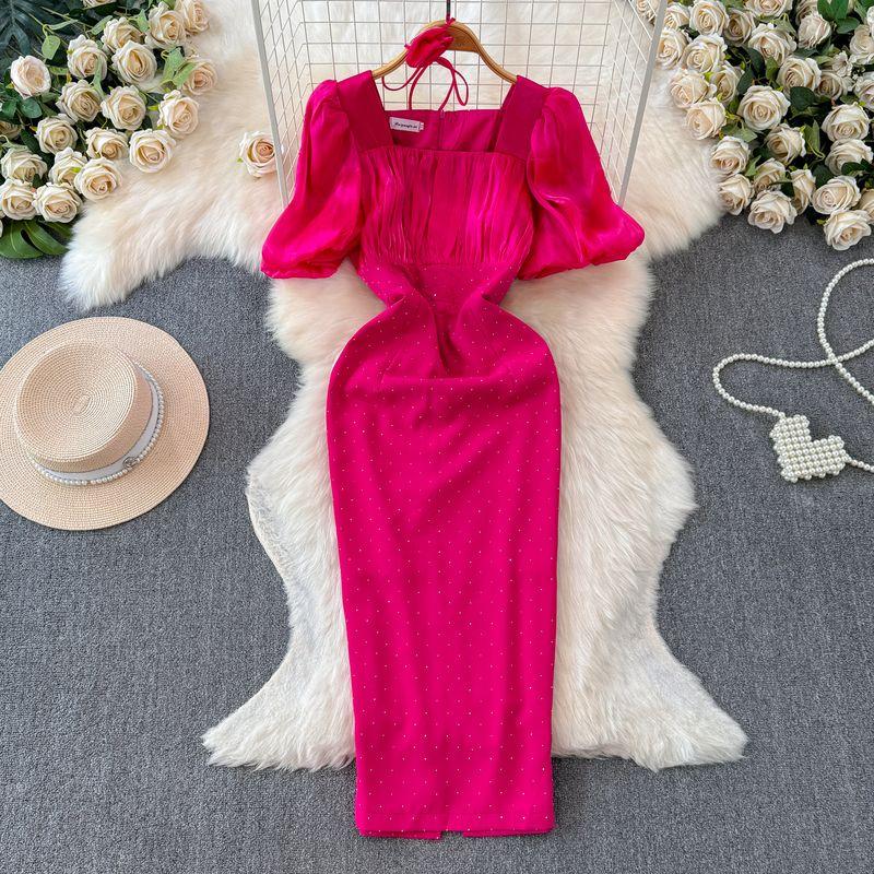 European Station New Arrival Fashion Elegant Elegant Lady of Note Short Sleeve Dress Fancy Hip Hot Drilling Square Collar Dress Dress